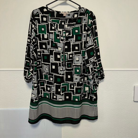 Roz & Ali Tops - Roz & Ali Women’s Blouse XL Black Green Zip Up Front